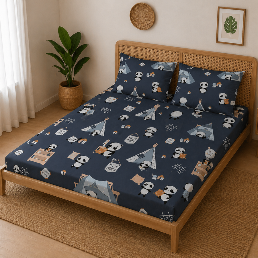 Navy Blue Panda in Camp Print Double Bedsheet with 2 Pillow Covers | Soft Cotton Kids Bedding Set