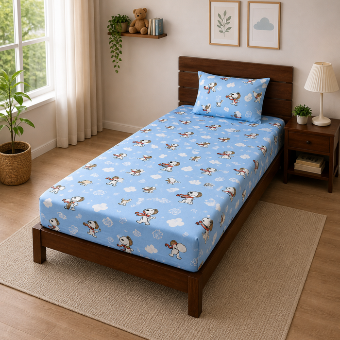 Blue Snoopy Print Single Bedsheet with 1 Pillow Cover | Soft Cotton Kids Bedding Set