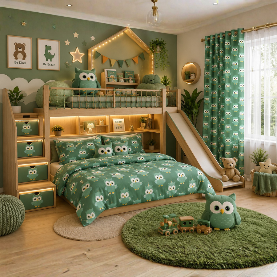 Green Cute Owl Print Single Bedsheet with 1 Pillow Cover | Soft Cotton Kids Bedding Set