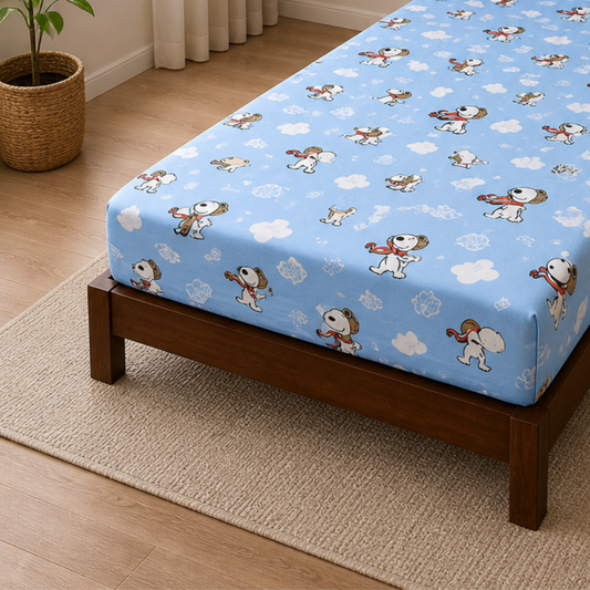 Blue Snoopy Print Single Bedsheet with 1 Pillow Cover | Soft Cotton Kids Bedding Set