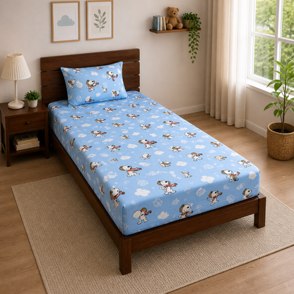 Blue Snoopy Print Single Bedsheet with 1 Pillow Cover | Soft Cotton Kids Bedding Set