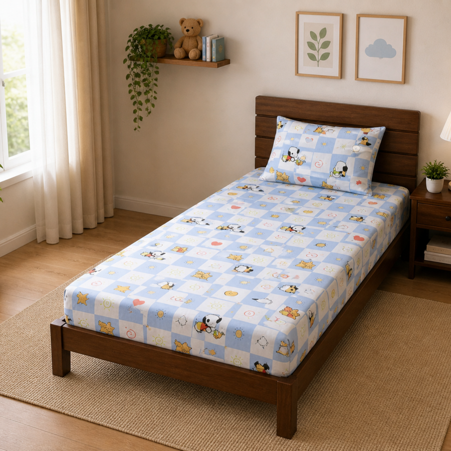 Snoopy checks Print Single Bedsheet with 1 Pillow Cover | Soft Cotton Kids Bedding Set (Blue)