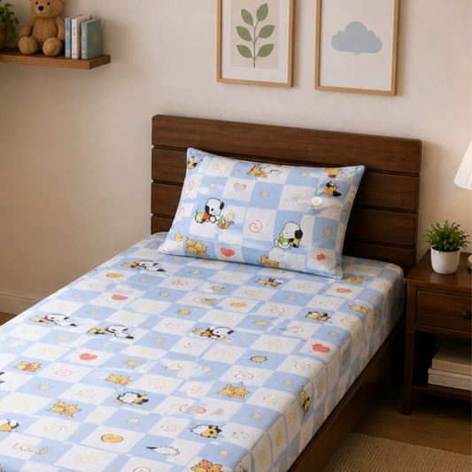 Snoopy checks Print Single Bedsheet with 1 Pillow Cover | Soft Cotton Kids Bedding Set (Blue)