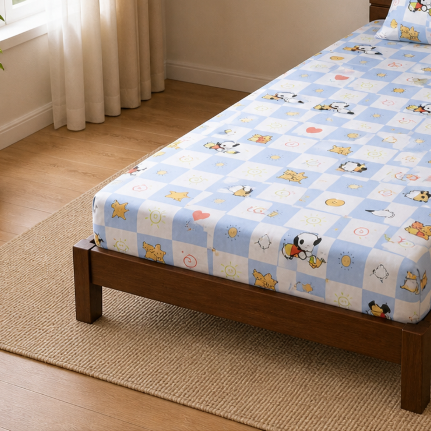 Snoopy checks Print Single Bedsheet with 1 Pillow Cover | Soft Cotton Kids Bedding Set (Blue)