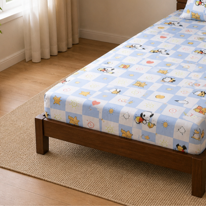 Snoopy checks Print Single Bedsheet with 1 Pillow Cover | Soft Cotton Kids Bedding Set (Blue)