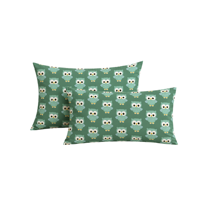 Green Cute Owl Print Double Bedsheet with 2 Pillow Covers | Soft Cotton Kids Bedding Set