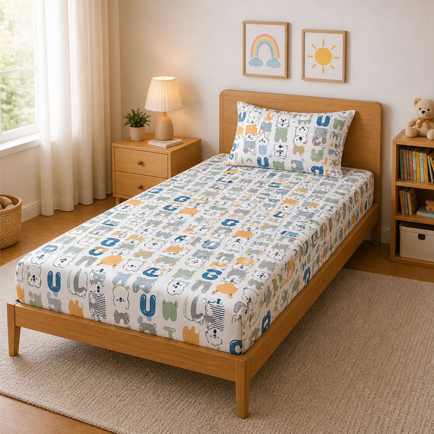 Multicolor Alphabetical Print Single Bedsheet with 1 Pillow Cover | Soft Cotton Kids Bedding Set