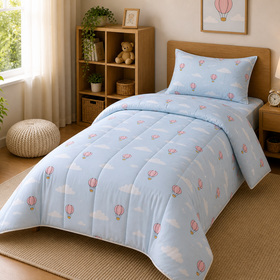 Pure Cotton Hot Air Balloon Single Bed Comforter Set – 3 Pc Kids Bedding with Bedsheet & Pillow Cover