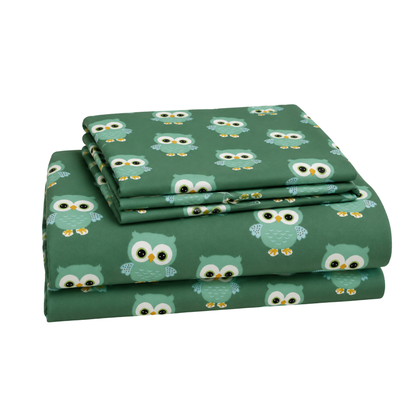 Green Cute Owl Print Double Bedsheet with 2 Pillow Covers | Soft Cotton Kids Bedding Set