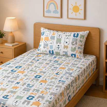 Multicolor Alphabetical Print Single Bedsheet with 1 Pillow Cover | Soft Cotton Kids Bedding Set