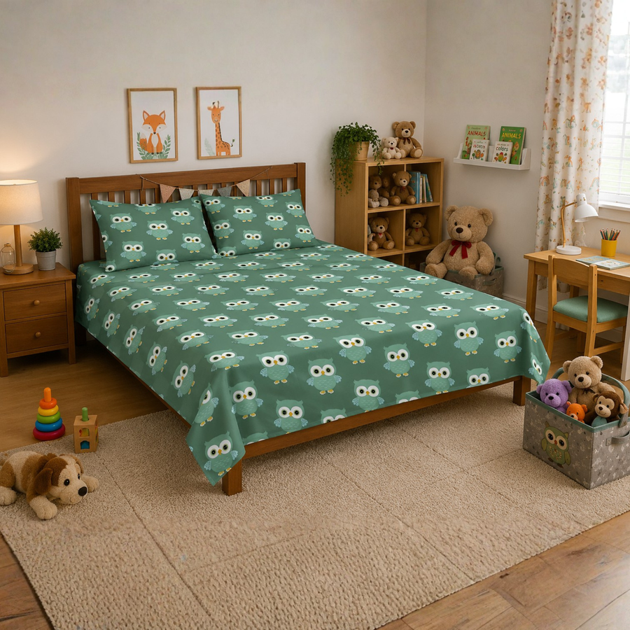 Green Cute Owl Print Double Bedsheet with 2 Pillow Covers | Soft Cotton Kids Bedding Set