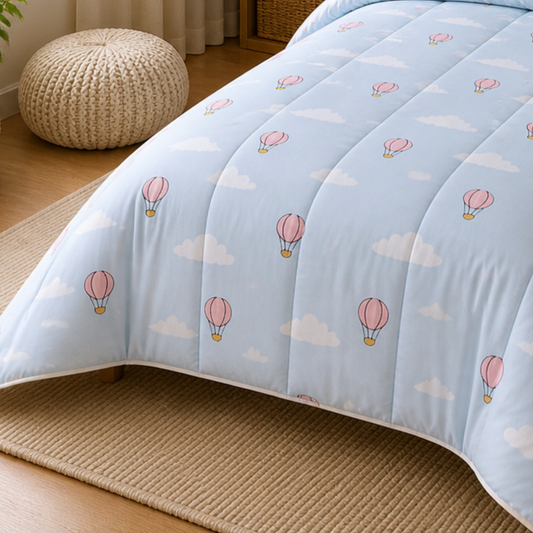 Pure Cotton Hot Air Balloon Single Bed Comforter Set – 3 Pc Kids Bedding with Bedsheet & Pillow Cover