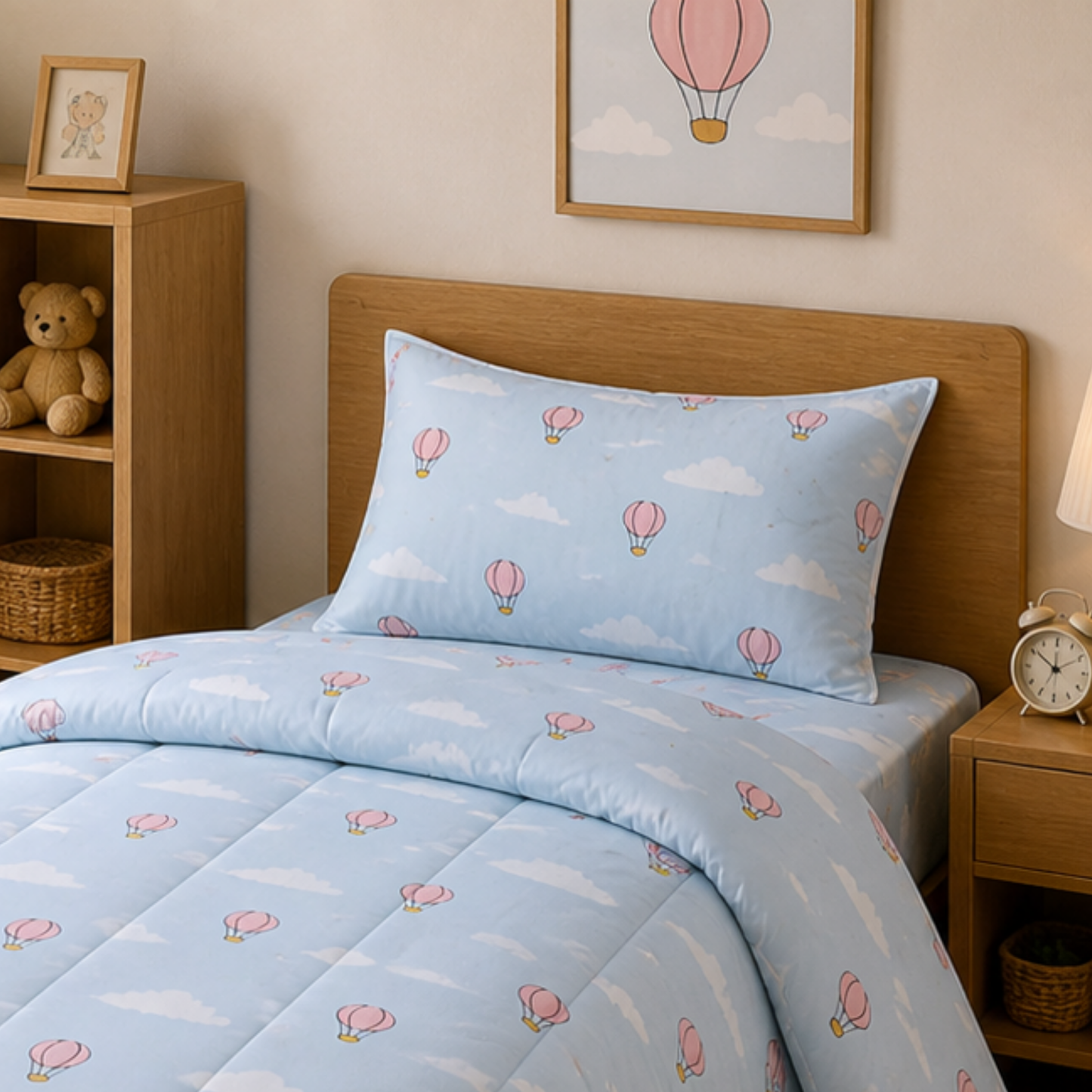 Pure Cotton Hot Air Balloon Single Bed Comforter Set – 3 Pc Kids Bedding with Bedsheet & Pillow Cover