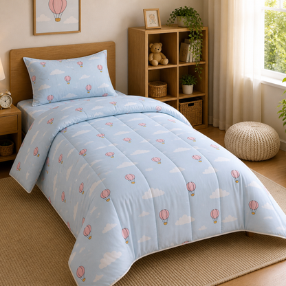 Pure Cotton Hot Air Balloon Single Bed Comforter Set – 3 Pc Kids Bedding with Bedsheet & Pillow Cover