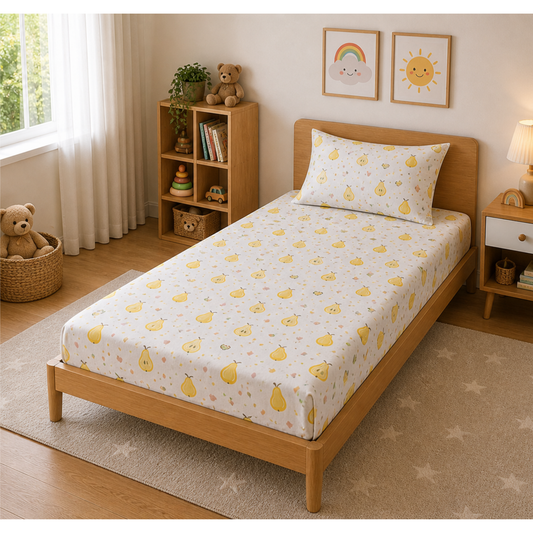 Yellow Pear Print Single Bedsheet with 1 Pillow Cover | Soft Cotton Bedsheet Set (White Multicolor)