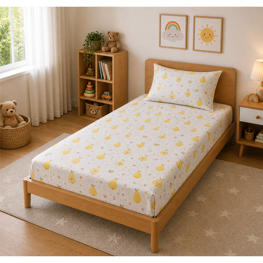 Yellow Pear Print Single Bedsheet with 1 Pillow Cover | Soft Cotton Bedsheet Set (White Multicolor)