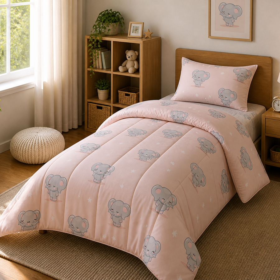 Haboo Baby Elephant Pure Cotton 3-Piece Single Bed Comforter Set with Bedsheet & 1 Pillow Cover | Kids Bedding in Sky Blue