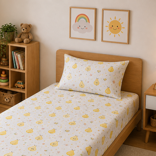 Yellow Pear Print Single Bedsheet with 1 Pillow Cover | Soft Cotton Bedsheet Set (White Multicolor)