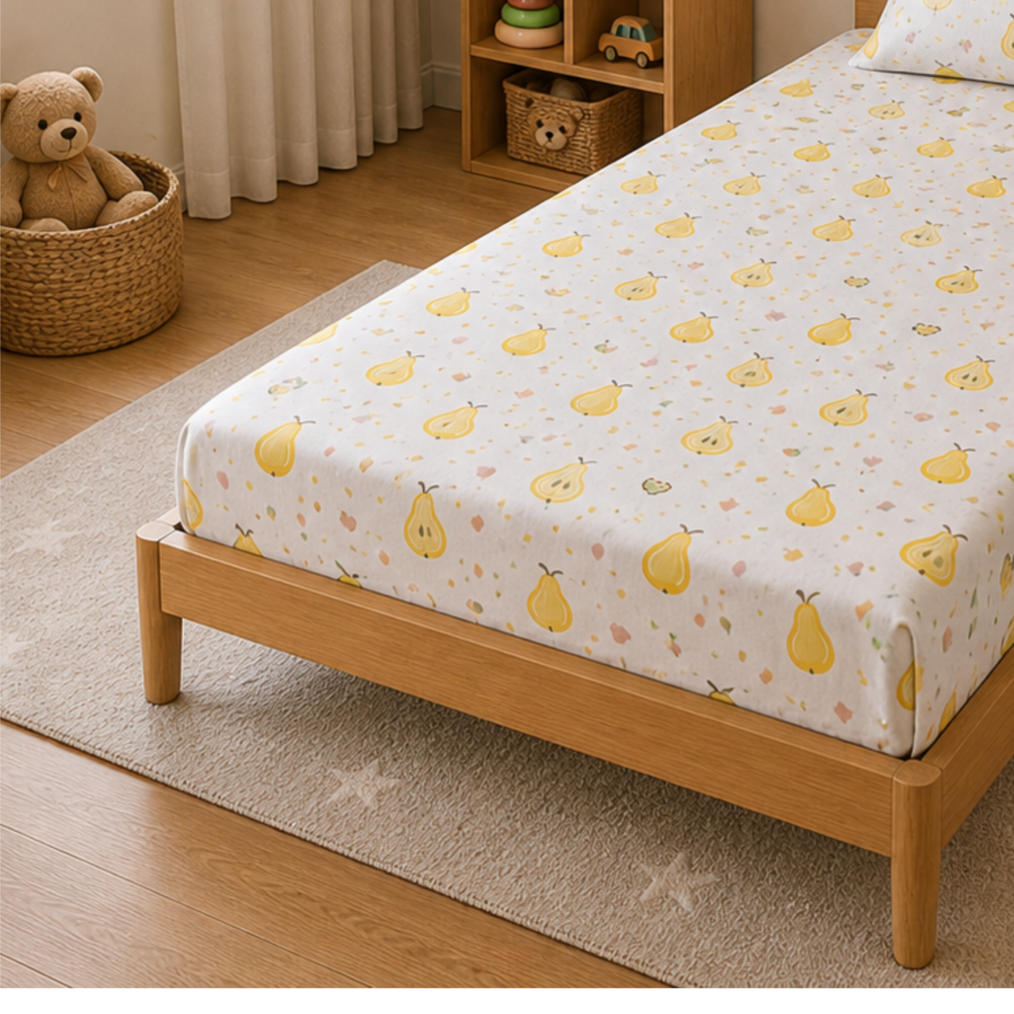 Yellow Pear Print Single Bedsheet with 1 Pillow Cover | Soft Cotton Bedsheet Set (White Multicolor)