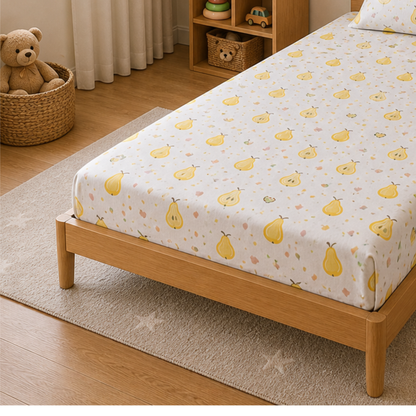 Yellow Pear Print Single Bedsheet with 1 Pillow Cover | Soft Cotton Bedsheet Set (White Multicolor)