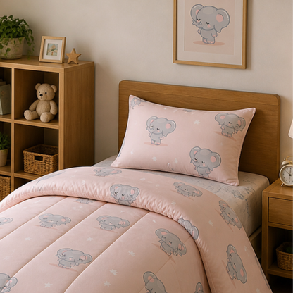 Pure Cotton Elephant Print Single Bed Comforter Set – 3 Pc Kids Bedding with Bedsheet & Pillow Cover