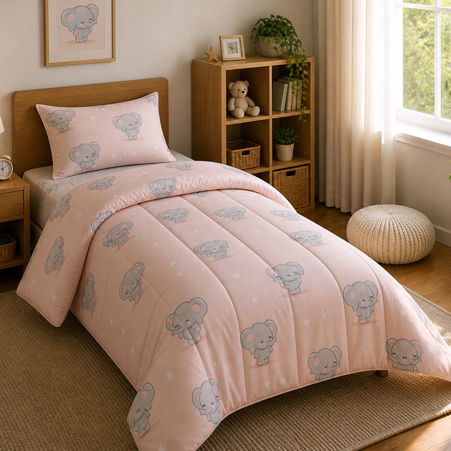 Haboo Baby Elephant Pure Cotton 3-Piece Single Bed Comforter Set with Bedsheet & 1 Pillow Cover | Kids Bedding in Sky Blue