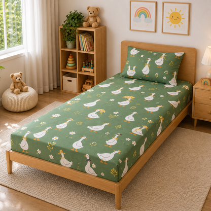 Cute Duck Print Single Bedsheet with 1 Pillow Cover | Soft Cotton Kids Bedding Set (Green Multicolor)