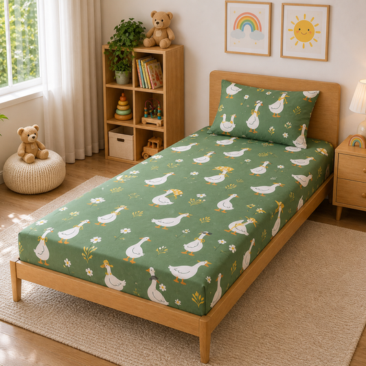 Cute Duck Print Single Bedsheet with 1 Pillow Cover | Soft Cotton Kids Bedding Set (Green Multicolor)