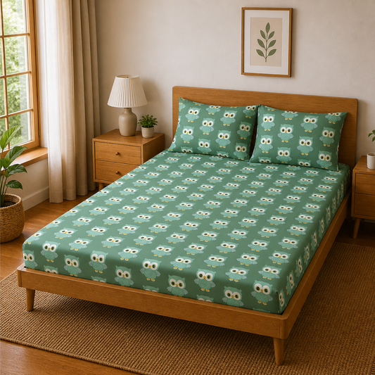 Green Cute Owl Print Double Bedsheet with 2 Pillow Covers | Soft Cotton Kids Bedding Set