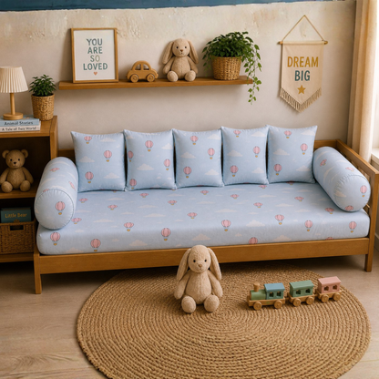 Hot Air Balloon Kids Diwan Set – 8 Pieces Soft Cotton Sofa Cum Bed Set for Nursery & Kids Room