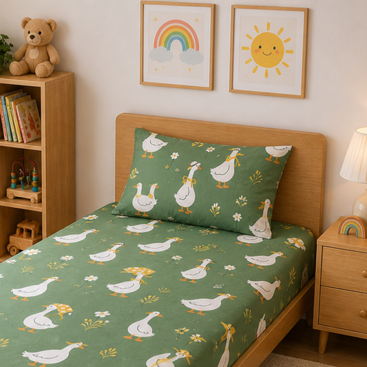 Cute Duck Print Single Bedsheet with 1 Pillow Cover | Soft Cotton Kids Bedding Set (Green Multicolor)