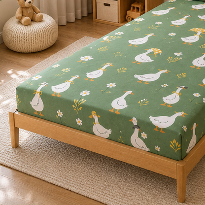 Cute Duck Print Single Bedsheet with 1 Pillow Cover | Soft Cotton Kids Bedding Set (Green Multicolor)