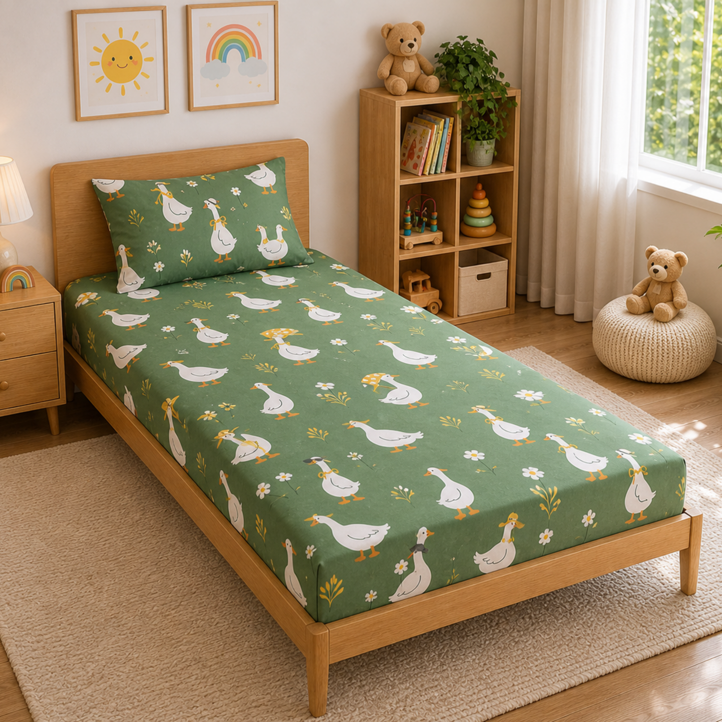 Cute Duck Print Single Bedsheet with 1 Pillow Cover | Soft Cotton Kids Bedding Set (Green Multicolor)