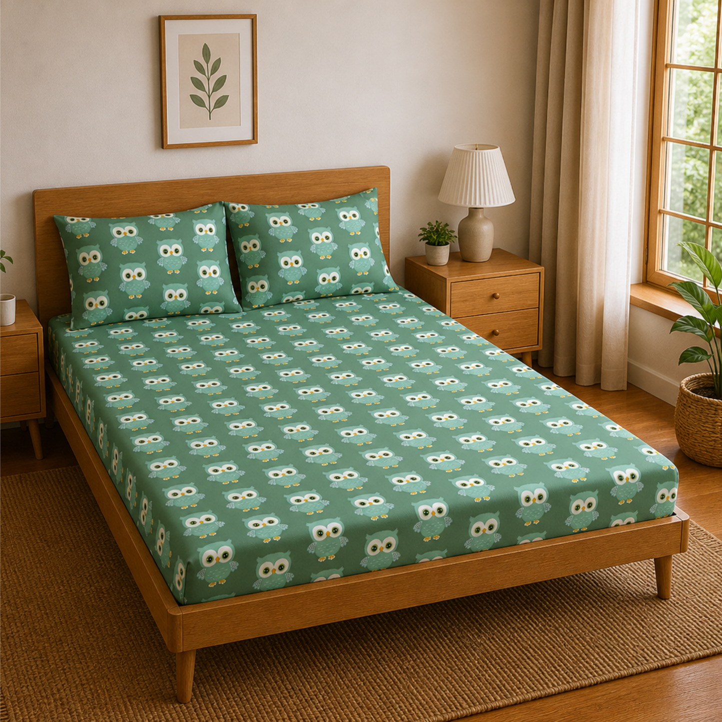 Green Cute Owl Print Double Bedsheet with 2 Pillow Covers | Soft Cotton Kids Bedding Set