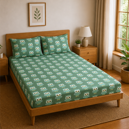 Green Cute Owl Print Double Bedsheet with 2 Pillow Covers | Soft Cotton Kids Bedding Set