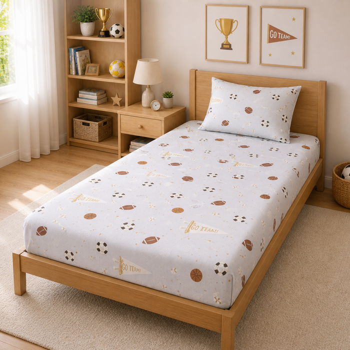 Sports Ball Print Single Bedsheet with 1 Pillow Cover | Soft Cotton Kids Bedding Set (Grey)
