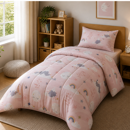 Haboo Moonlight Dreams Pure Cotton 3-Piece Single Bed Comforter Set with Bedsheet & 1 Pillow Cover | Kids Bedding in Pink