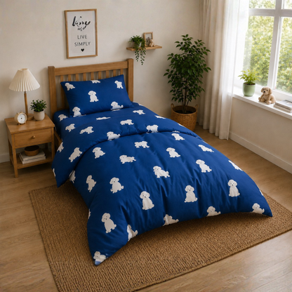Blue Dog Print Single Bed Comforter Set in Pure Cotton – Soft Kids Bedding Collection
