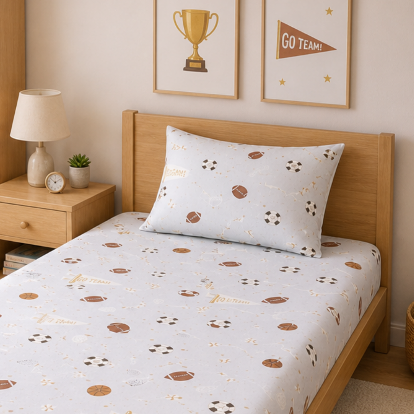 Sports Ball Print Single Bedsheet with 1 Pillow Cover | Soft Cotton Kids Bedding Set (Grey)