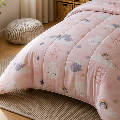 Haboo Moonlight Dreams Pure Cotton 3-Piece Single Bed Comforter Set with Bedsheet & 1 Pillow Cover | Kids Bedding in Pink