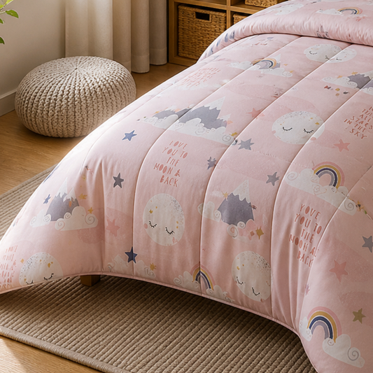 Haboo Moonlight Dreams Pure Cotton 3-Piece Single Bed Comforter Set with Bedsheet & 1 Pillow Cover | Kids Bedding in Pink