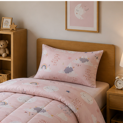 Haboo Moonlight Dreams Pure Cotton 3-Piece Single Bed Comforter Set with Bedsheet & 1 Pillow Cover | Kids Bedding in Pink