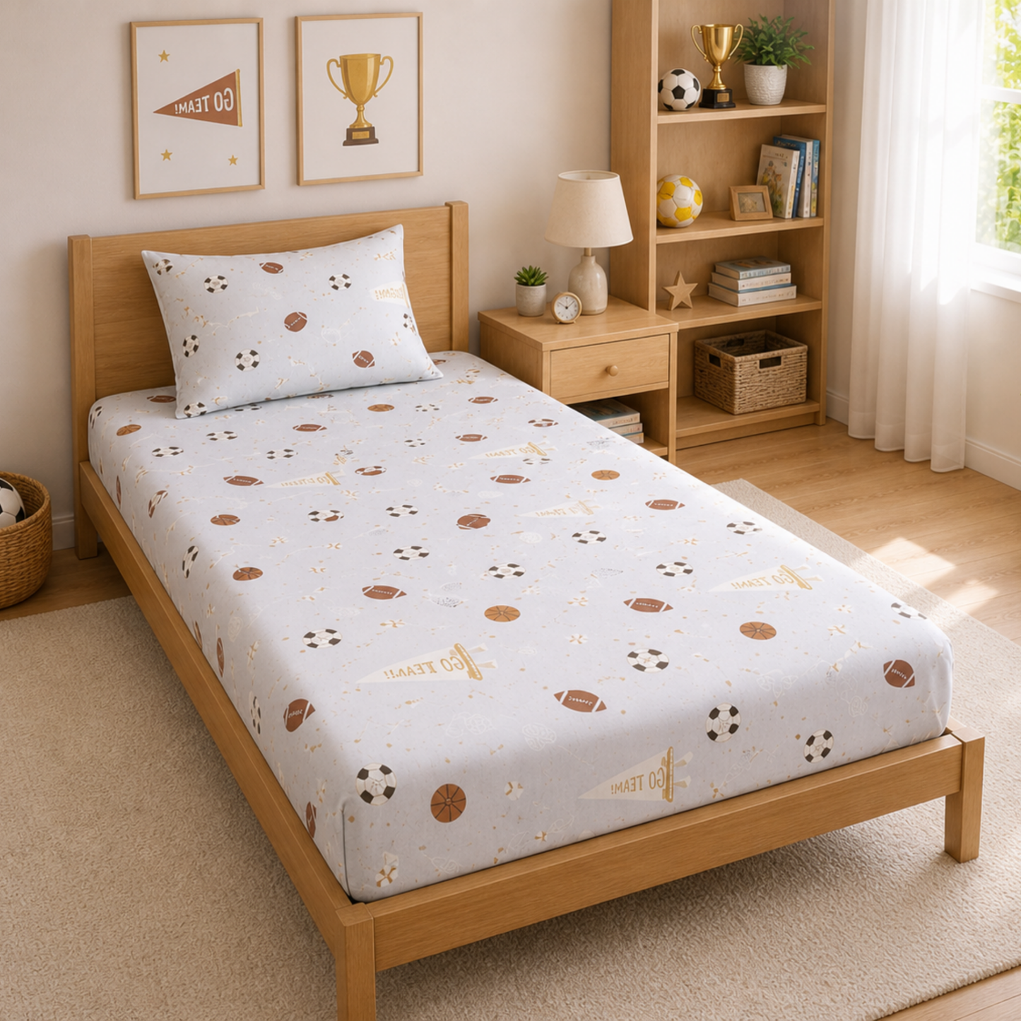 Sports Ball Print Single Bedsheet with 1 Pillow Cover | Soft Cotton Kids Bedding Set (Grey)