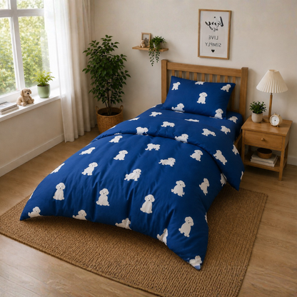 Blue Dog Print Single Bed Comforter Set in Pure Cotton – Soft Kids Bedding Collection