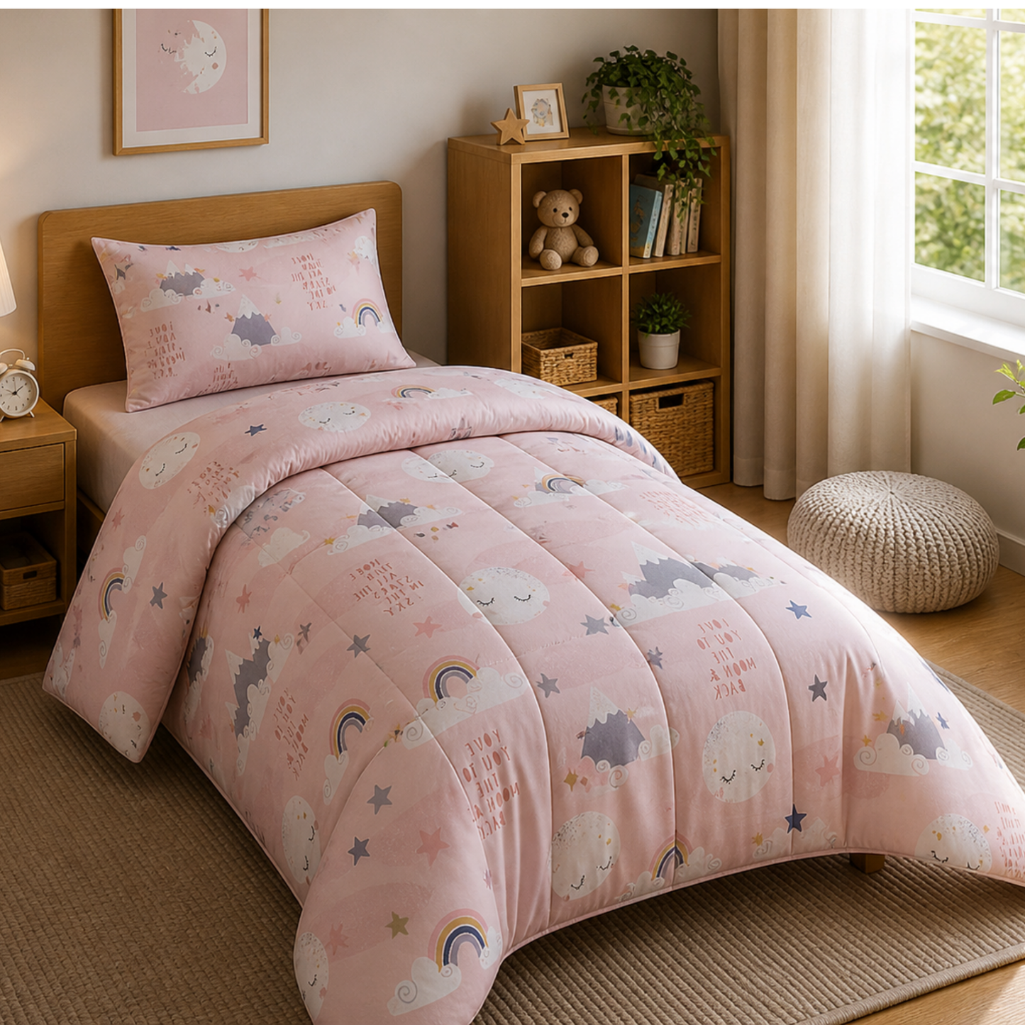 Haboo Moonlight Dreams Pure Cotton 3-Piece Single Bed Comforter Set with Bedsheet & 1 Pillow Cover | Kids Bedding in Pink