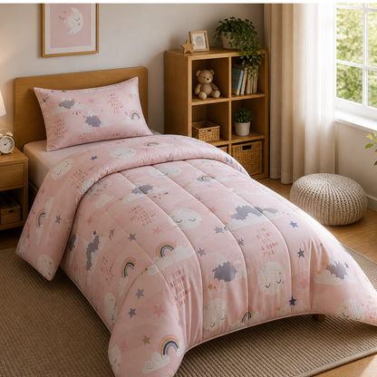 Haboo Moonlight Dreams Pure Cotton 3-Piece Single Bed Comforter Set with Bedsheet & 1 Pillow Cover | Kids Bedding in Pink