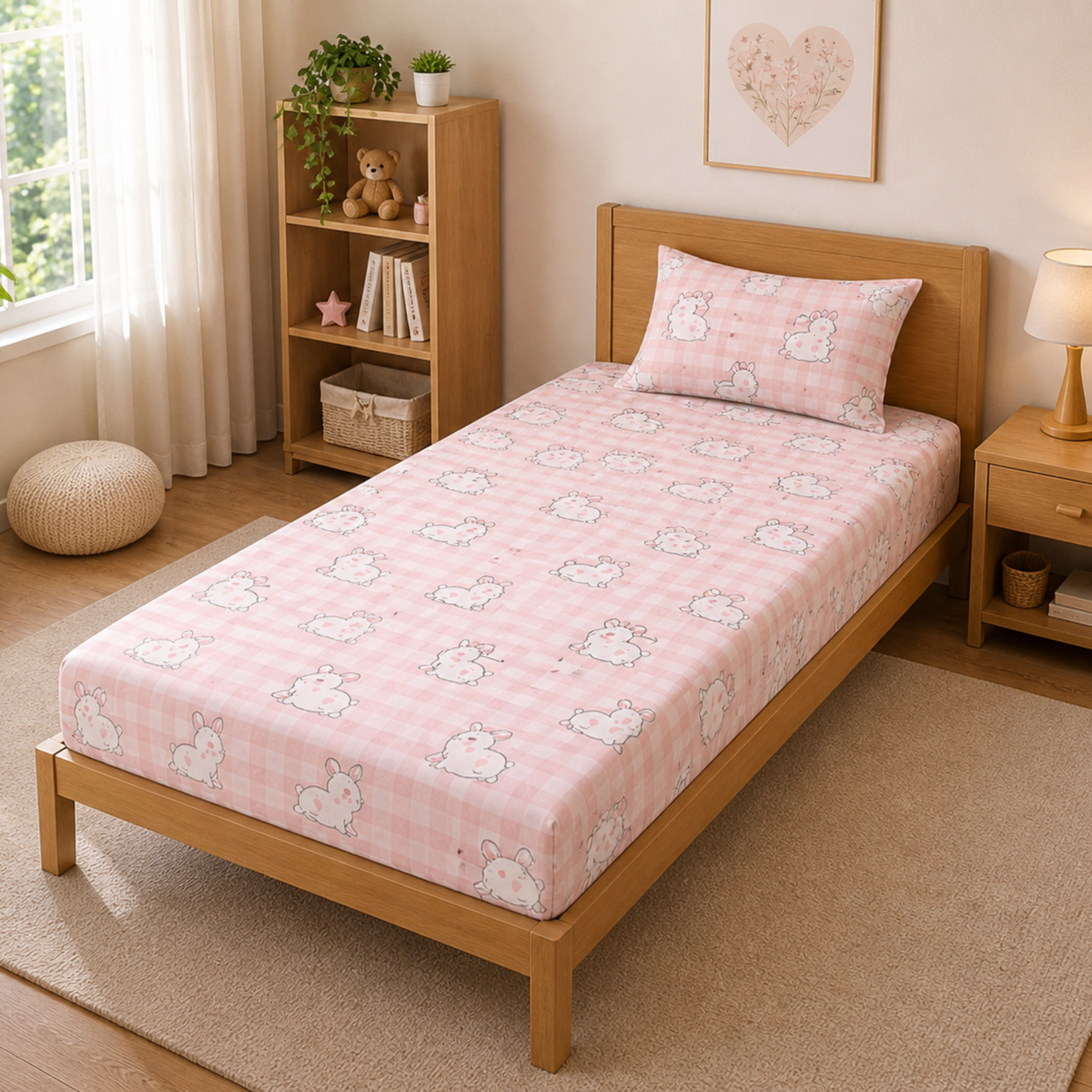 Pink Cute Rabbit Print Single Bedsheet with 1 Pillow Cover | Soft Cotton Kids Bedding Set
