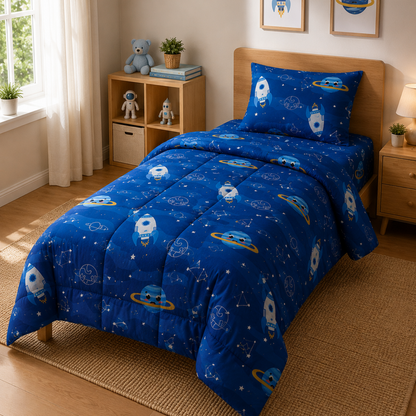 HABOO Space Explorer Single Bed Comforter Set for Kids | 1 Comforter, 1 Bedsheet & 1 Pillow Cover | Rocket & Planet Print Bedding Set