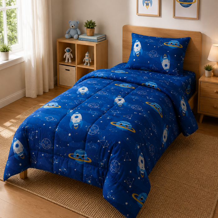 HABOO Space Explorer Single Bed Comforter Set for Kids | 1 Comforter, 1 Bedsheet & 1 Pillow Cover | Rocket & Planet Print Bedding Set