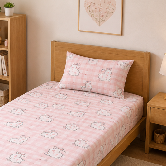 Pink Cute Rabbit Print Single Bedsheet with 1 Pillow Cover | Soft Cotton Kids Bedding Set